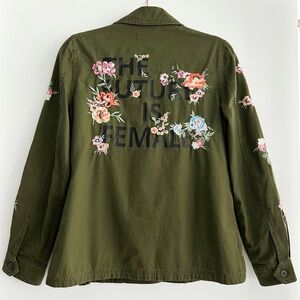 “The Future Is Female” embroidered floral khaki green shirt jacket